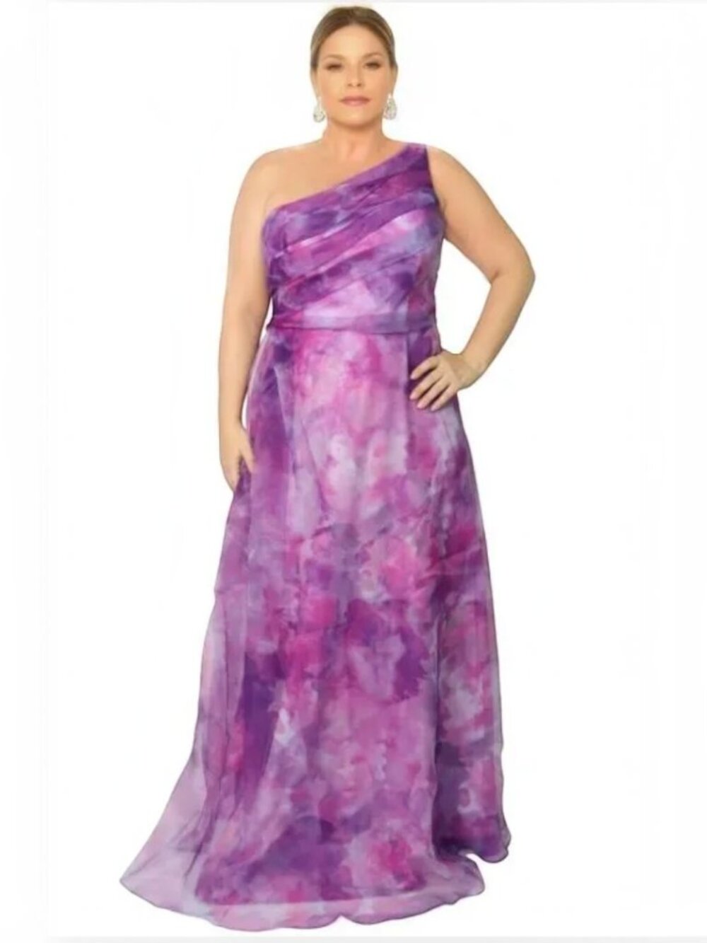 Rene Ruiz One Shoulder Asymmetrical Printed Organza A-Line Gown Purple Plus 20